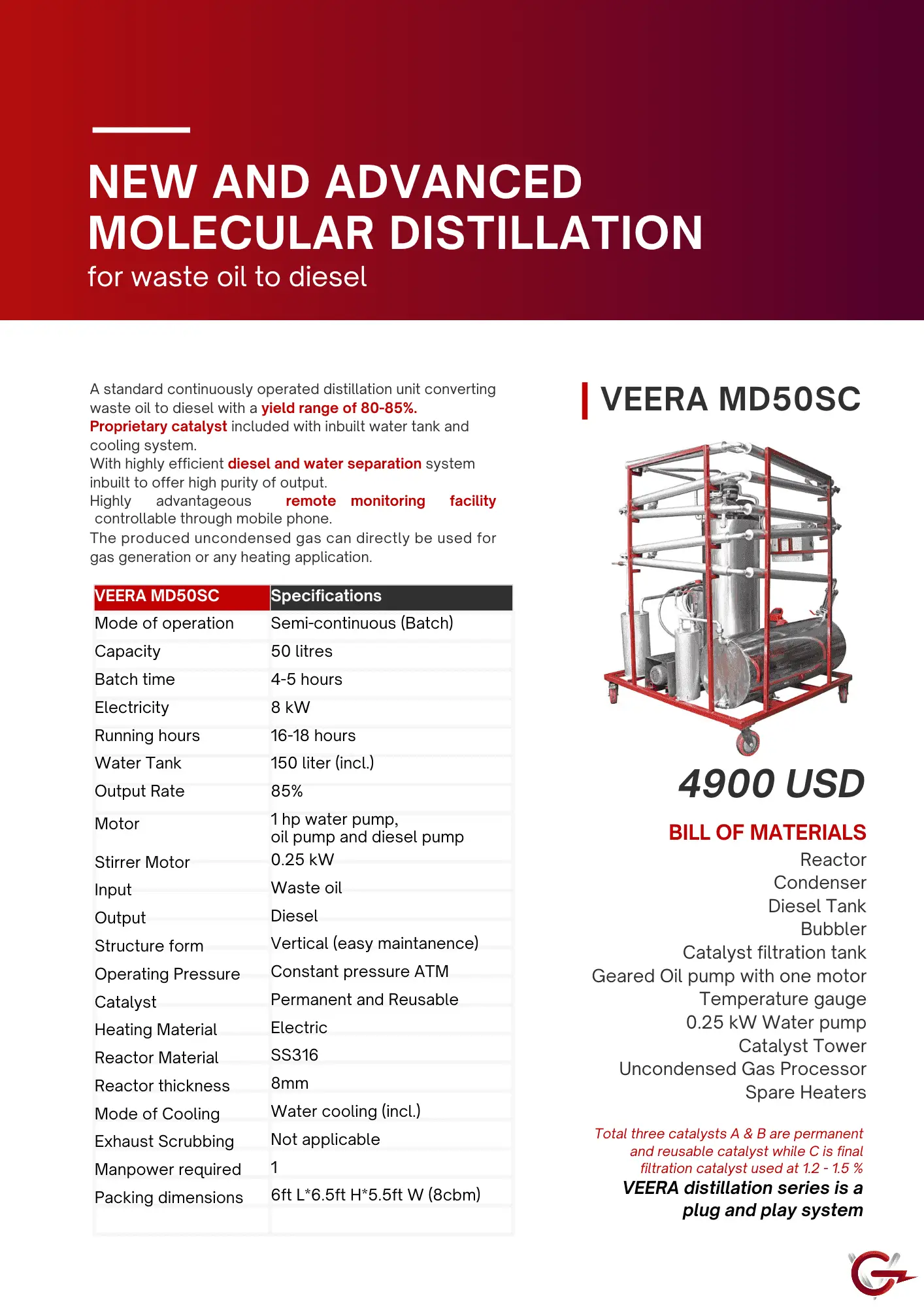 NEW LAUNCH VEERA MD50SC Advanced Molecular Distillation Machine for Converting Waste oil to Diesel