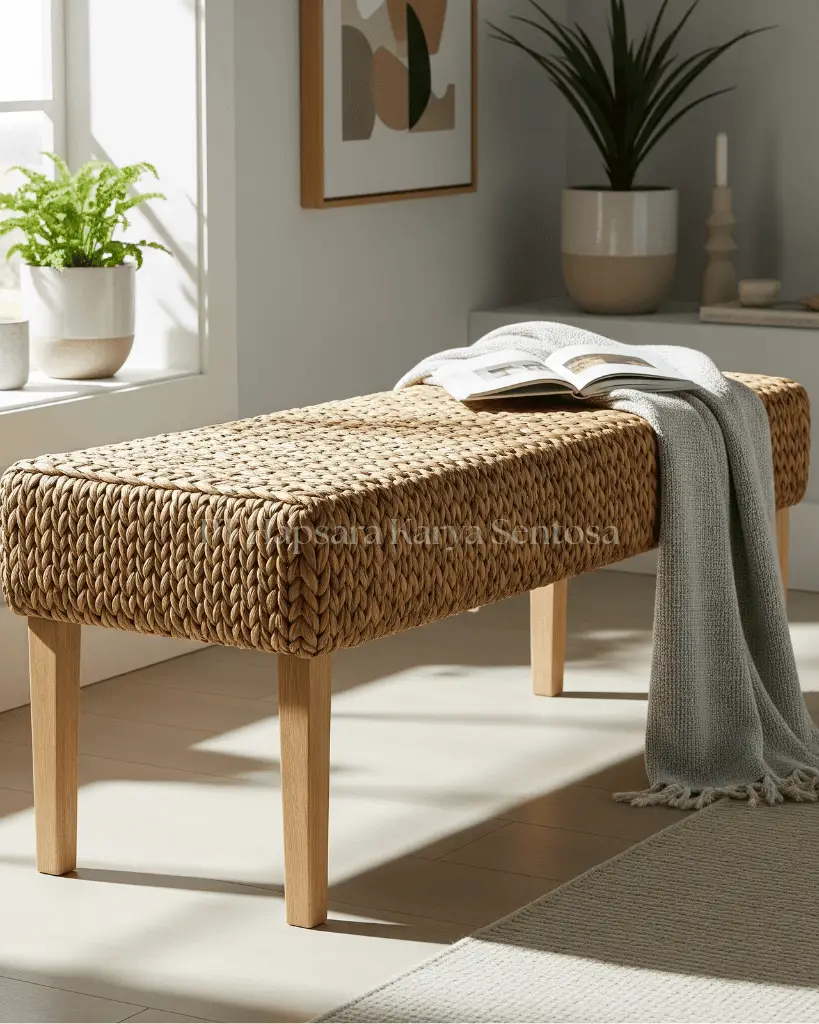 Handwoven Water Hyacinth Bench Natural Woven Seat with Wooden Legs