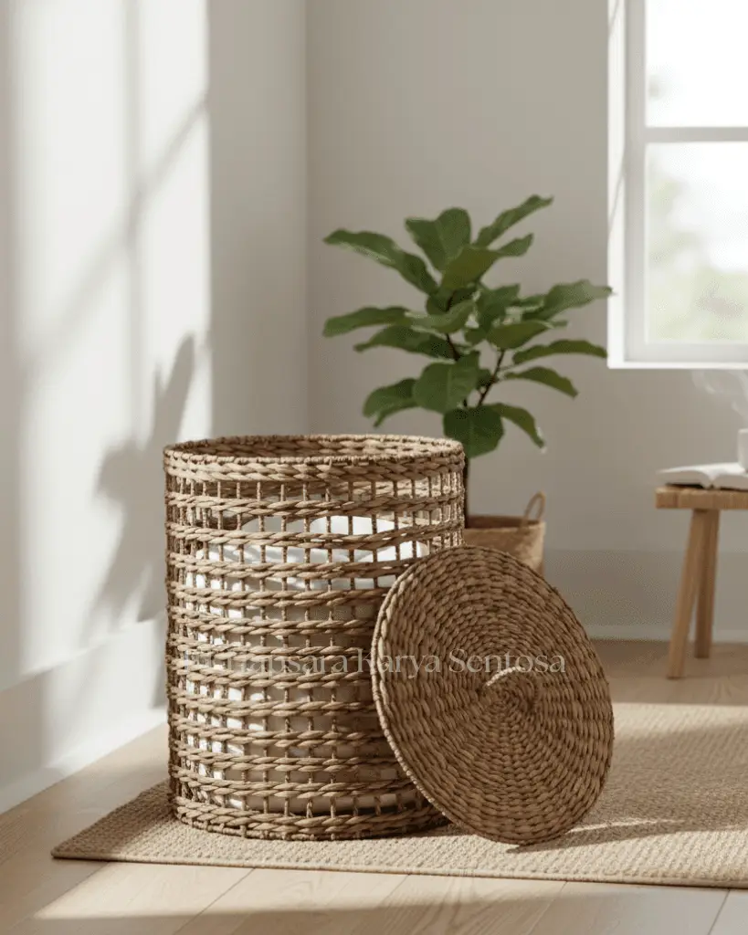 Handwoven Water Hyacinth Storage Basket with Iron Frame  Woven Water Hyacinth Hamper with Metal Iron Structure  Natural Fiber Organizer Basket with Handles