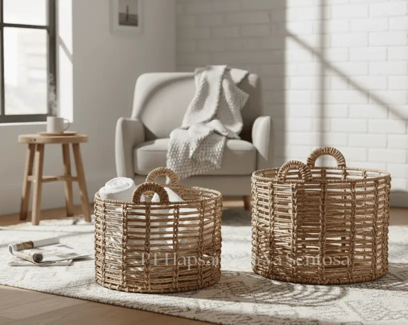 Handwoven Water Hyacinth Storage Basket with Iron Frame  Natural Woven Seagrass & Water Hyacinth Basket Set  Boho Farmhouse Laundry Hamper & Storage Basket