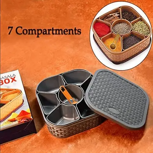 7-Section Spice/Masala Box - Plastic, Brown Multicolor.