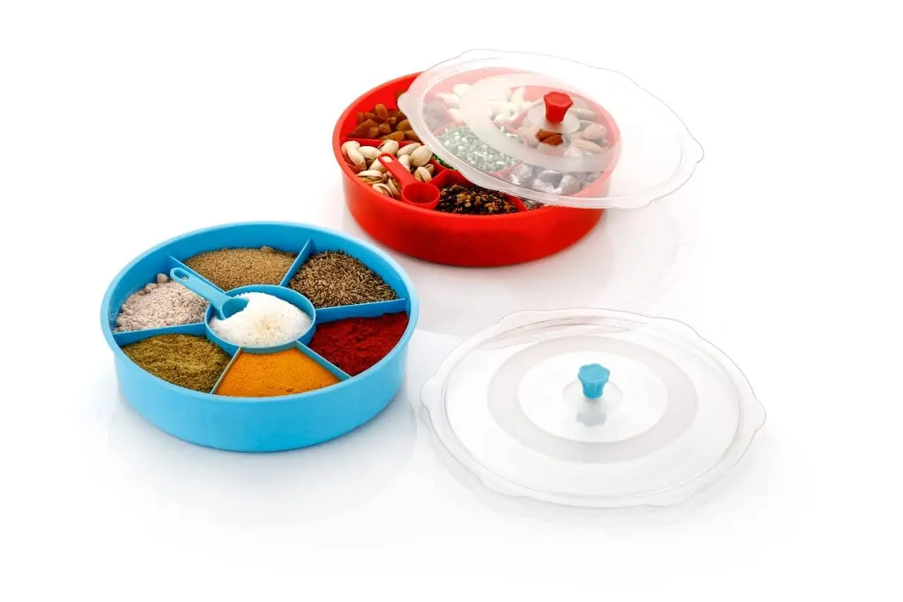 Plastic Masala/Spice/Dryfruit Box for Kitchen, Transparent Container 7 Compartments with 1 Spoon (Multi Colour)