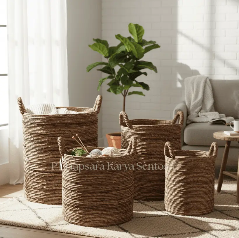 Handwoven Basket Banana Bark with Iron Frame Boho Decoration