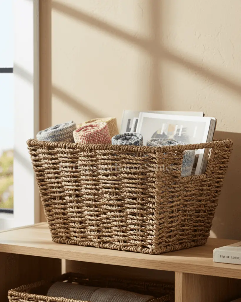 Handwoven Seagrass Storage Basket Rectangular Organizer with Handles