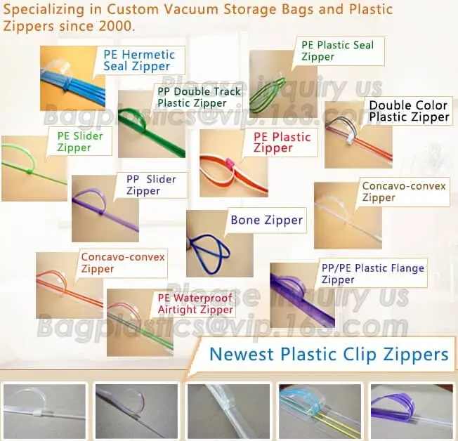 RUBBER ZIPPER, PLASTIC SLIDER, EASY TEAR ZIPPER, PRESS LOC ZIPPER, FLANGE ZIPPER, VACUUM ZIPPER, YKK