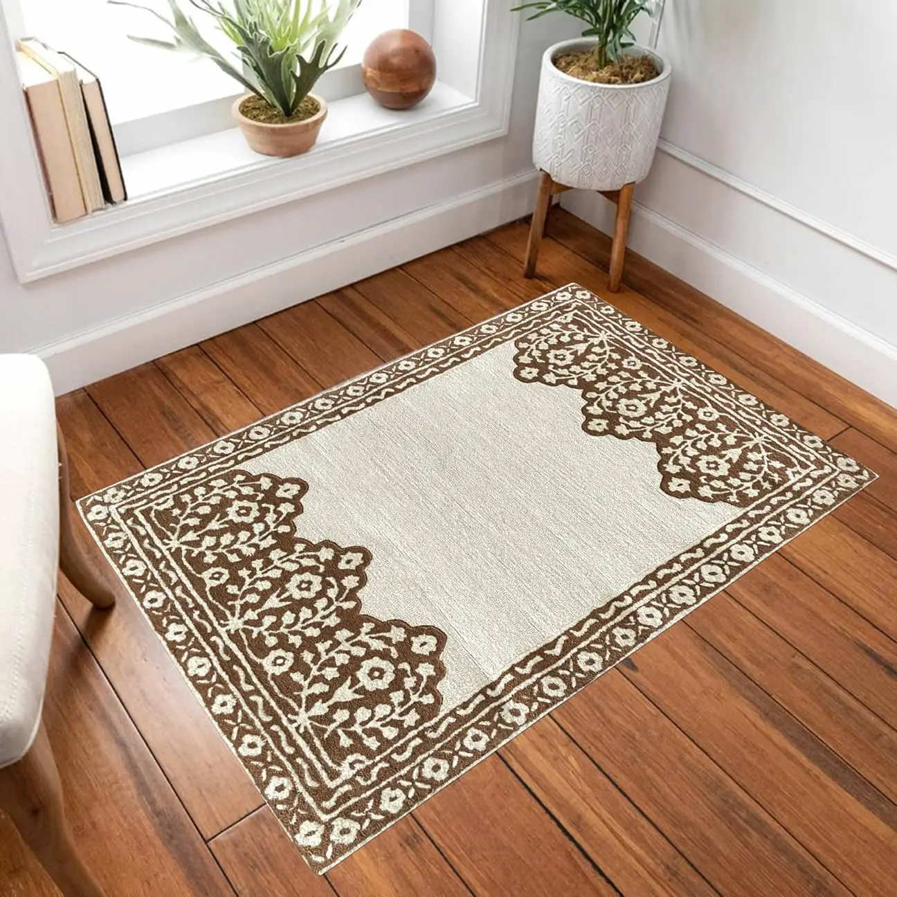 Brown hand tufted Wool carpet Floral design