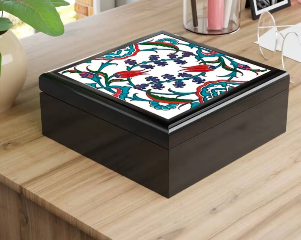 Jewelry Box featuring Turkish Ottoman inspired design by GulnArt in three colors, personalization available.