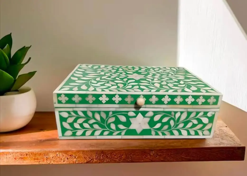 Handcrafted Bone Inlay floral pattern Green Jewelry Box.