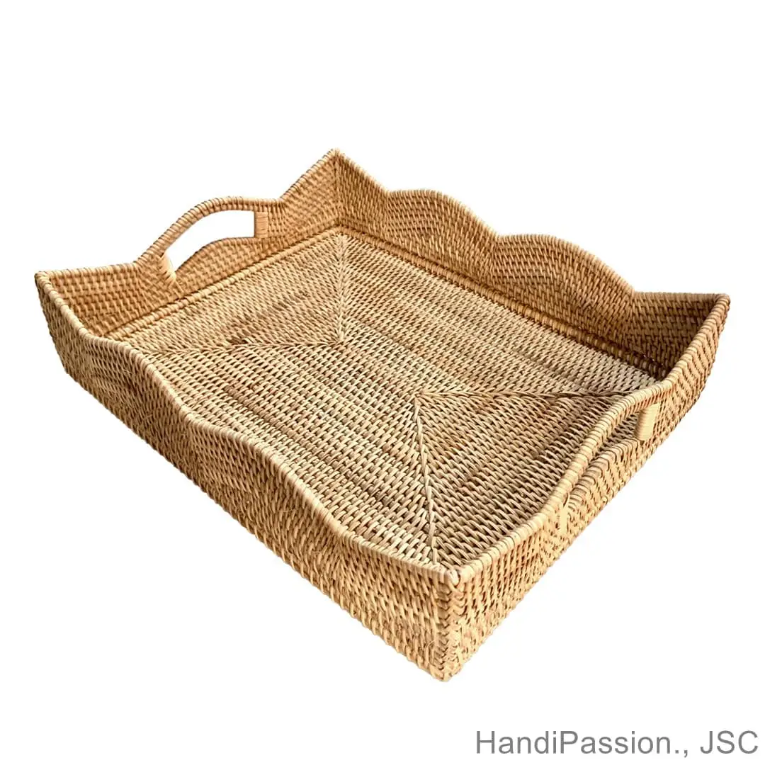 Rectangular Rattan Tray Serving Tray Storage Tray Wave Edge and Cutout Handles