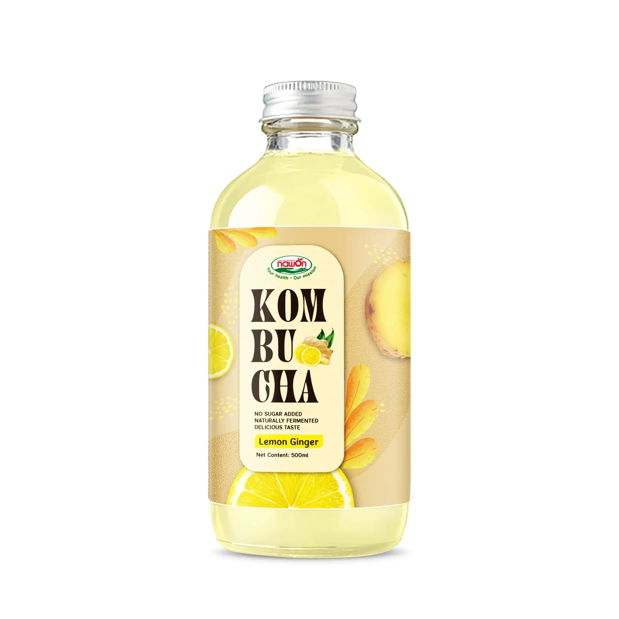 500ml NAWON Kombucha with Ginger Lemon flavor in Glass Bottle Wholesalers OEM ODM Beverage Manufacturer