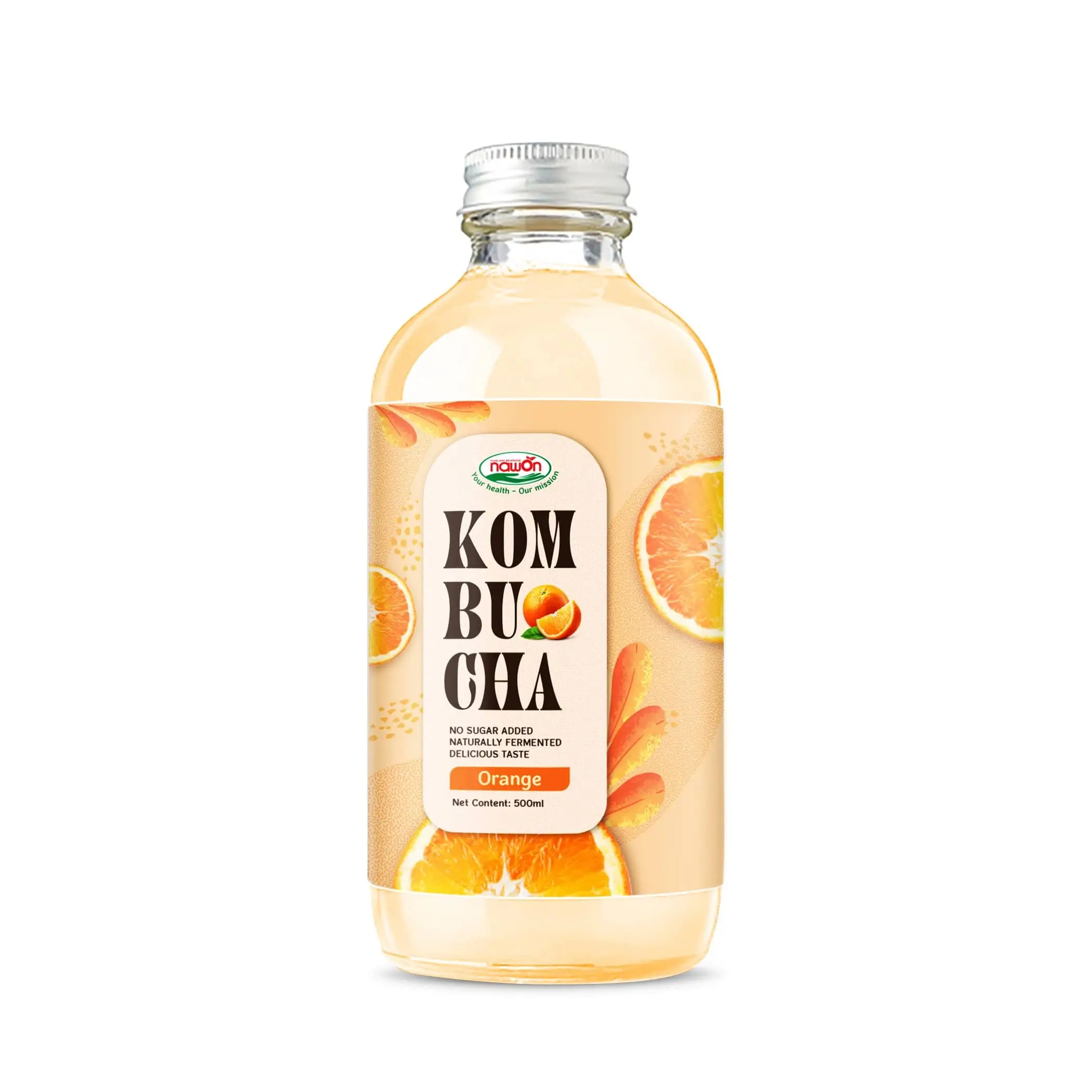 500ml NAWON Kombucha with Orange flavor in Glass Bottle Wholesalers OEM ODM Beverage Manufacturer